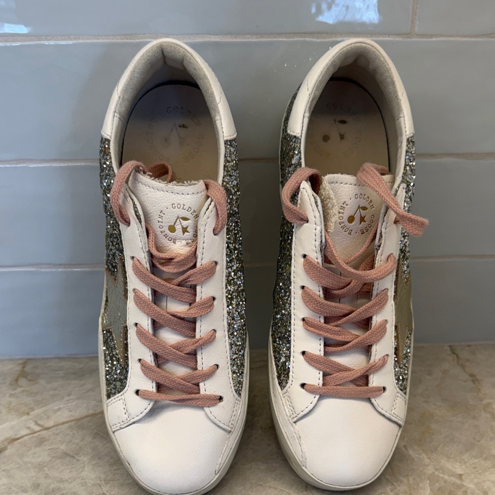 Golden Goose Women's Sneakers - White and Glitter with Pink Laces